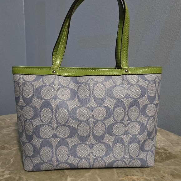 Coach Signature C Blue w/ Green & White Stripe Coated Canvas Small Satchel - Picture 2 of 11